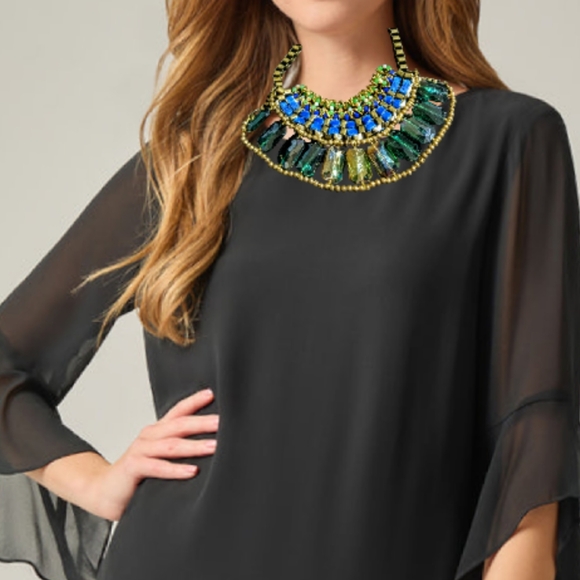 Pam Hiran Chunky Statement Necklace Various Blue Glass Beads Brass Ribbon NWOT - Picture 8 of 10